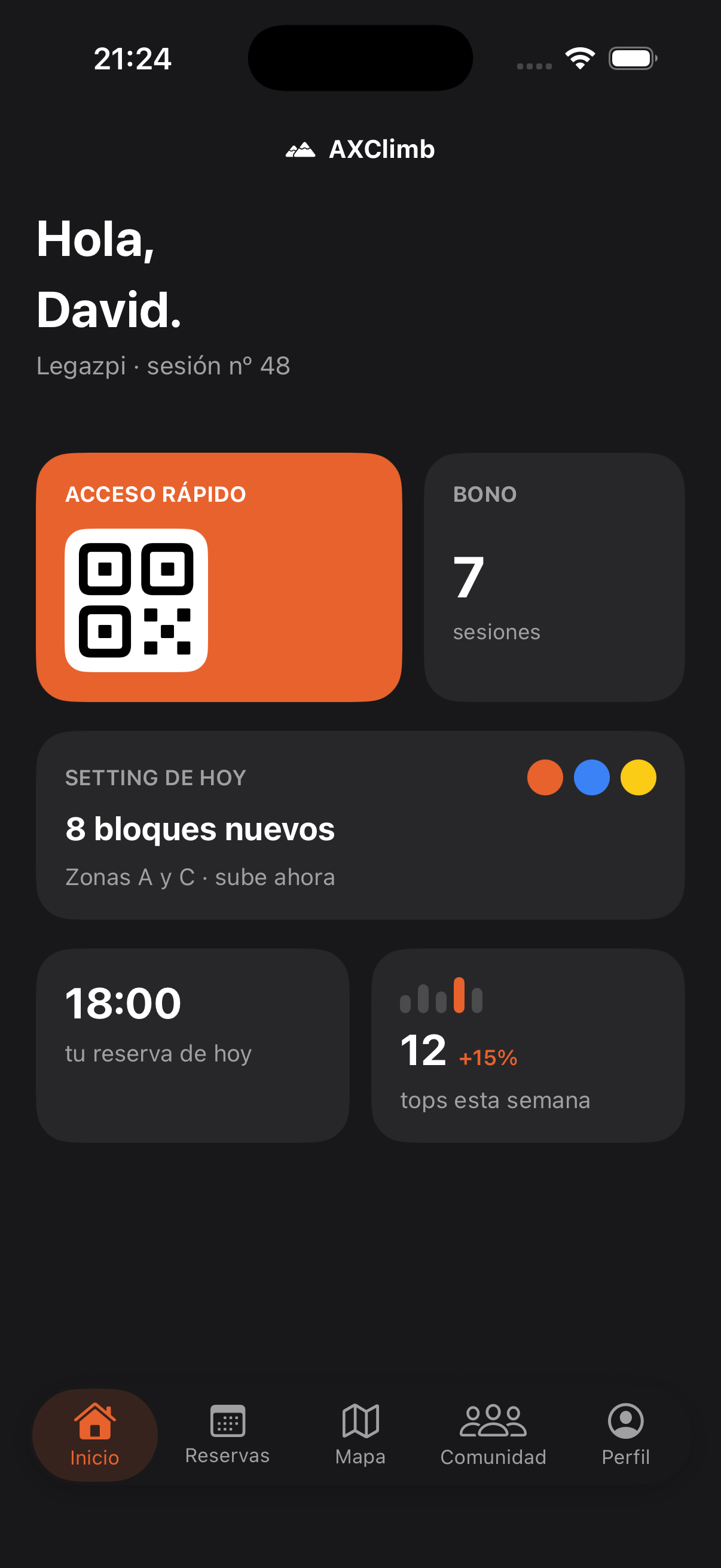 Captura real de la pantalla de Inicio en AX Climb