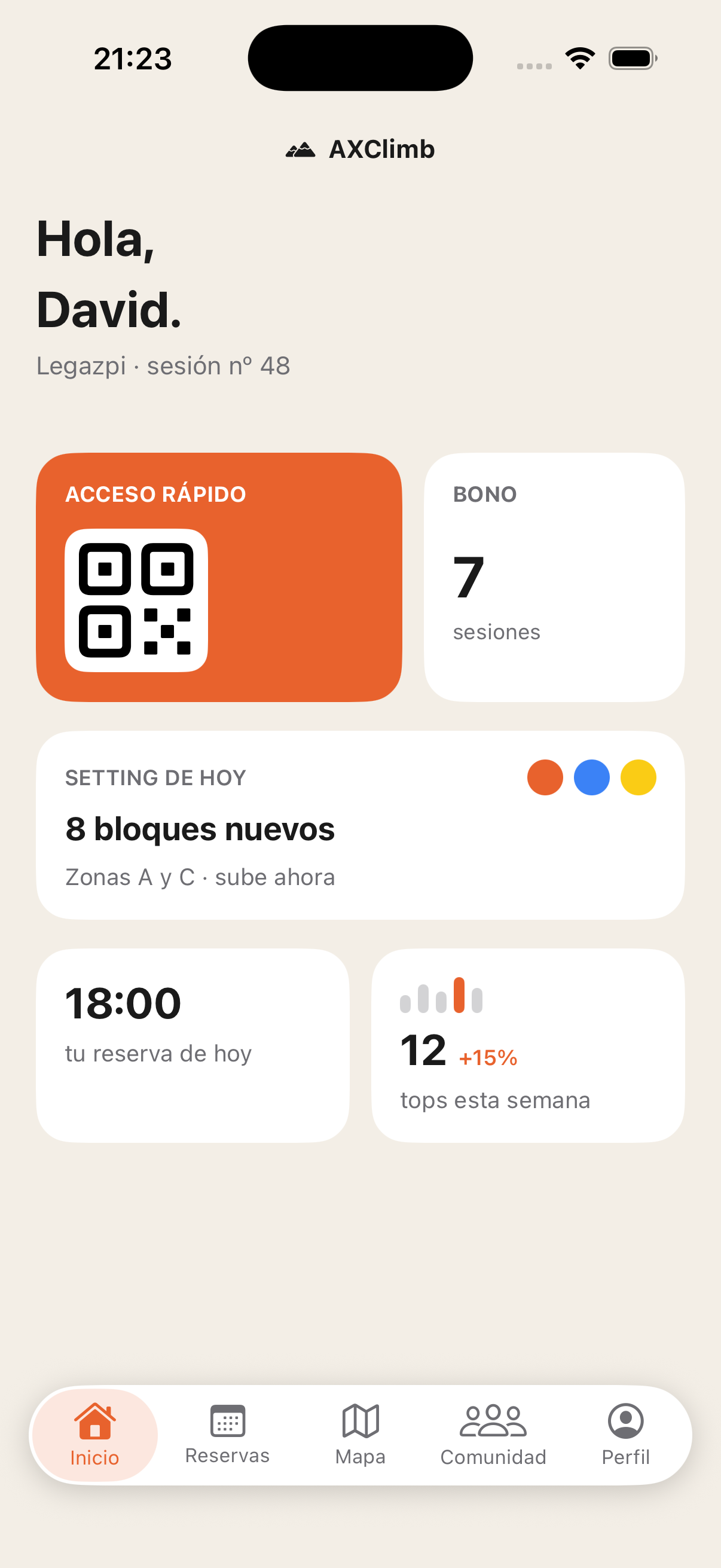 Captura real de la pantalla de Inicio en AX Climb