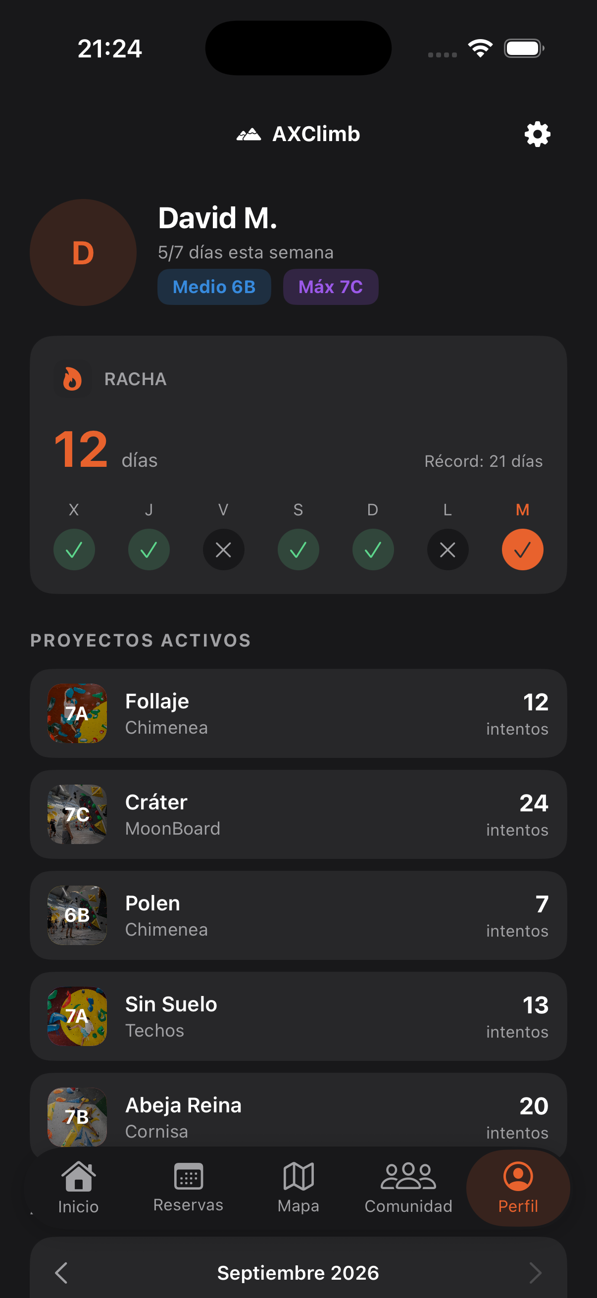 Captura real de la pantalla de Perfil en AX Climb